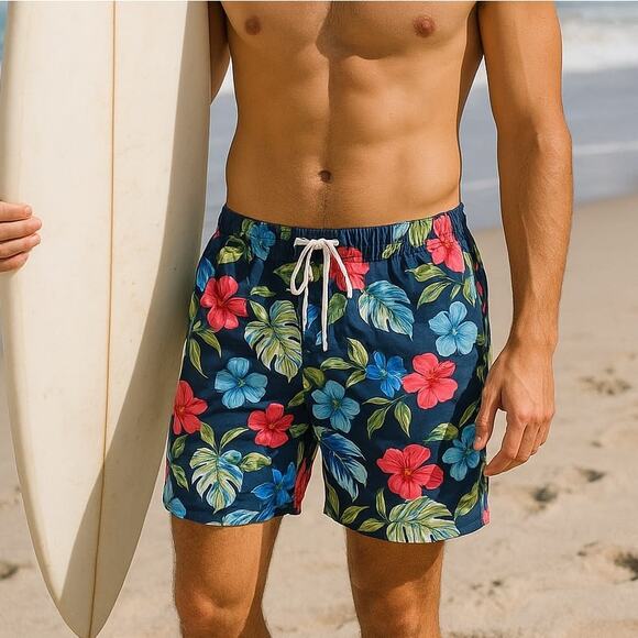 Tommy Bahama Swim Trunks L Navy Blue Floral Hawaiian Board Shorts Tropical - Picture 1 of 9